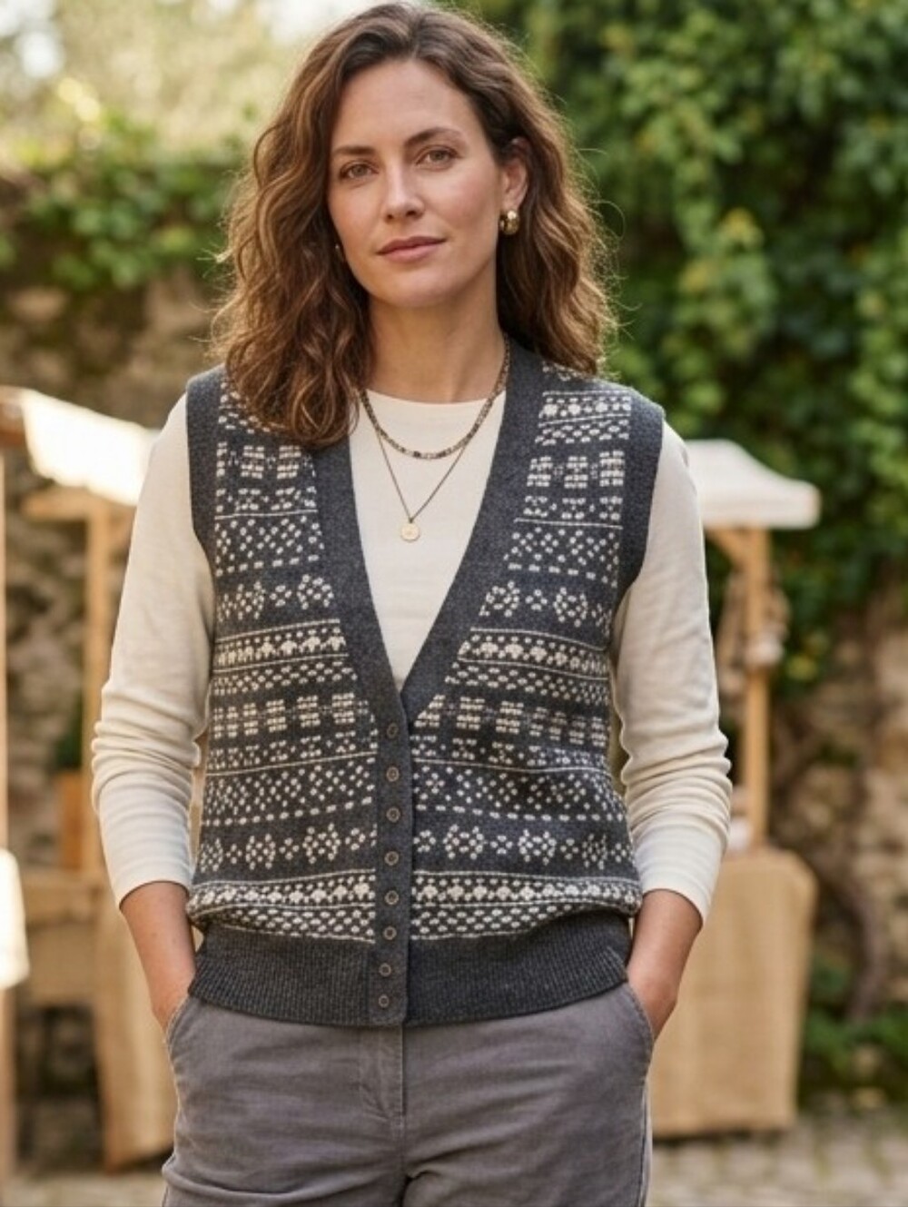 Vintage Lambswool Blend V-Neck Knit Fair Isle Vest Grandpacore Dark Academia M